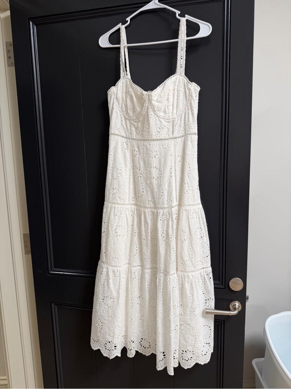Astr White Eyelet Tiered Midi Dress with Spaghetti Straps